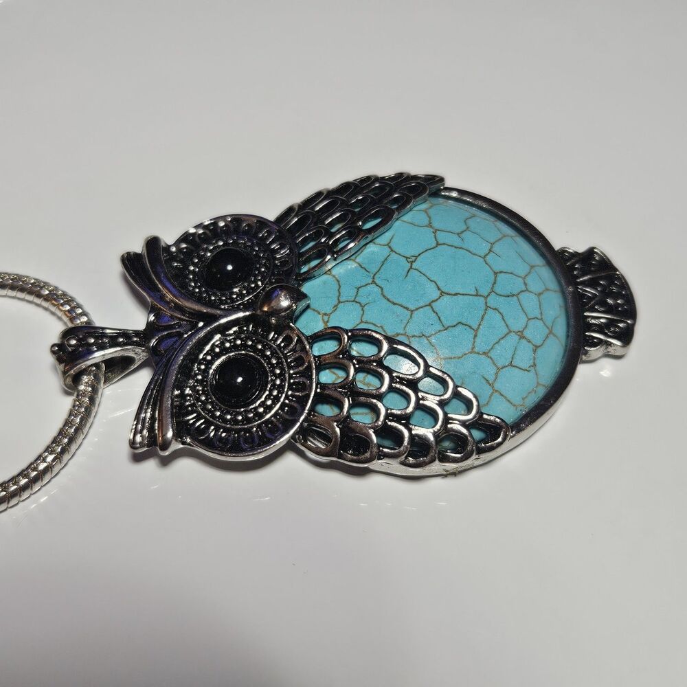 Silver Tone Large Blue Turquoise Owl Pendant Necklace 30" Chain - Picture 13 of 14